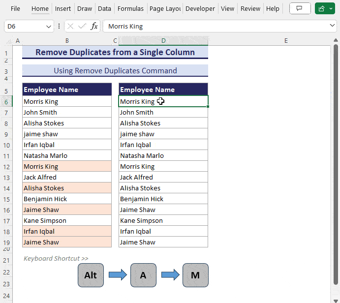 keyboard shortcut to remove duplicates in Excel
