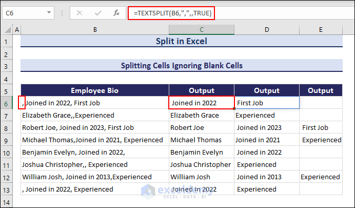 Applying TEXTSPLIT function to split in Excel ignoring blank cells