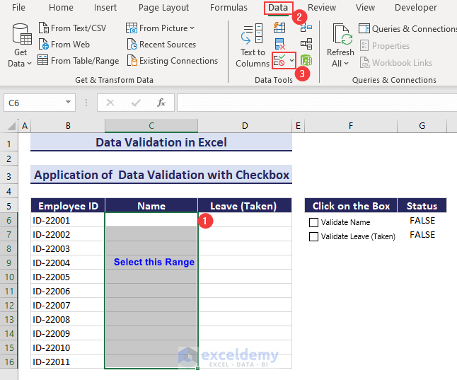 Selecting the Range to Data Validation