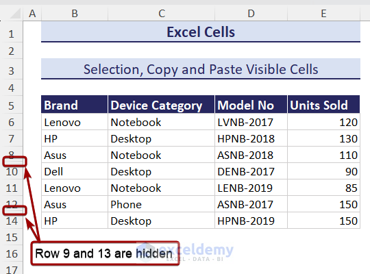 Worksheet with hidden rows