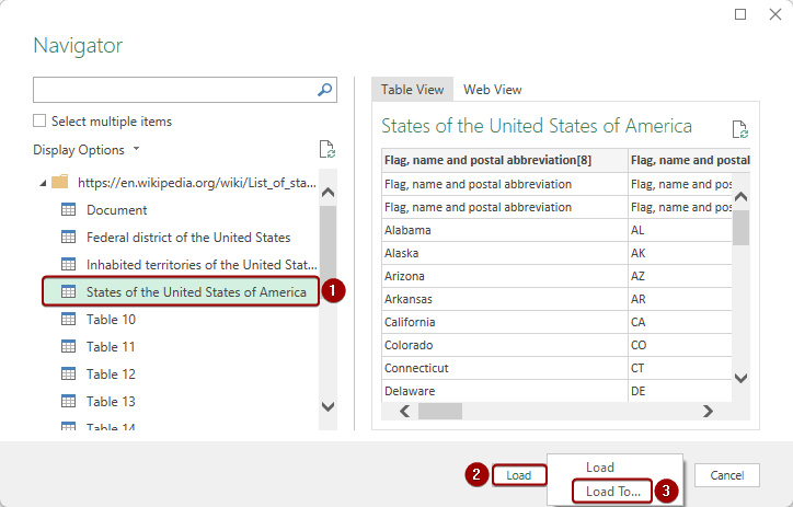Selecting the table to import data