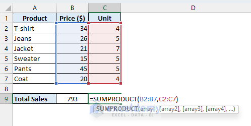 Use of SUMPRODUCT function in excel